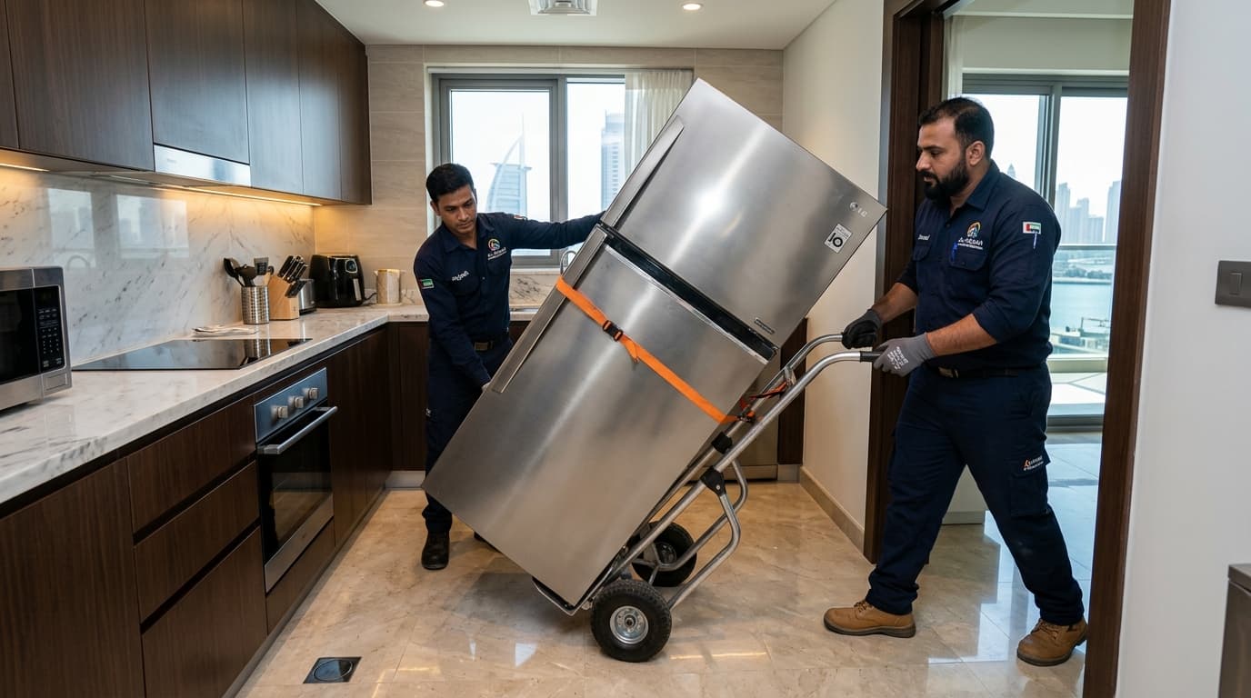 How to Dispose of an Old Oven or Cooker in Dubai: Gas, Wiring and Ownership Checks Two uniformed crew members moving a large kitchen appliance on a hand truck past a built-in oven in a Dubai apartment kitchen