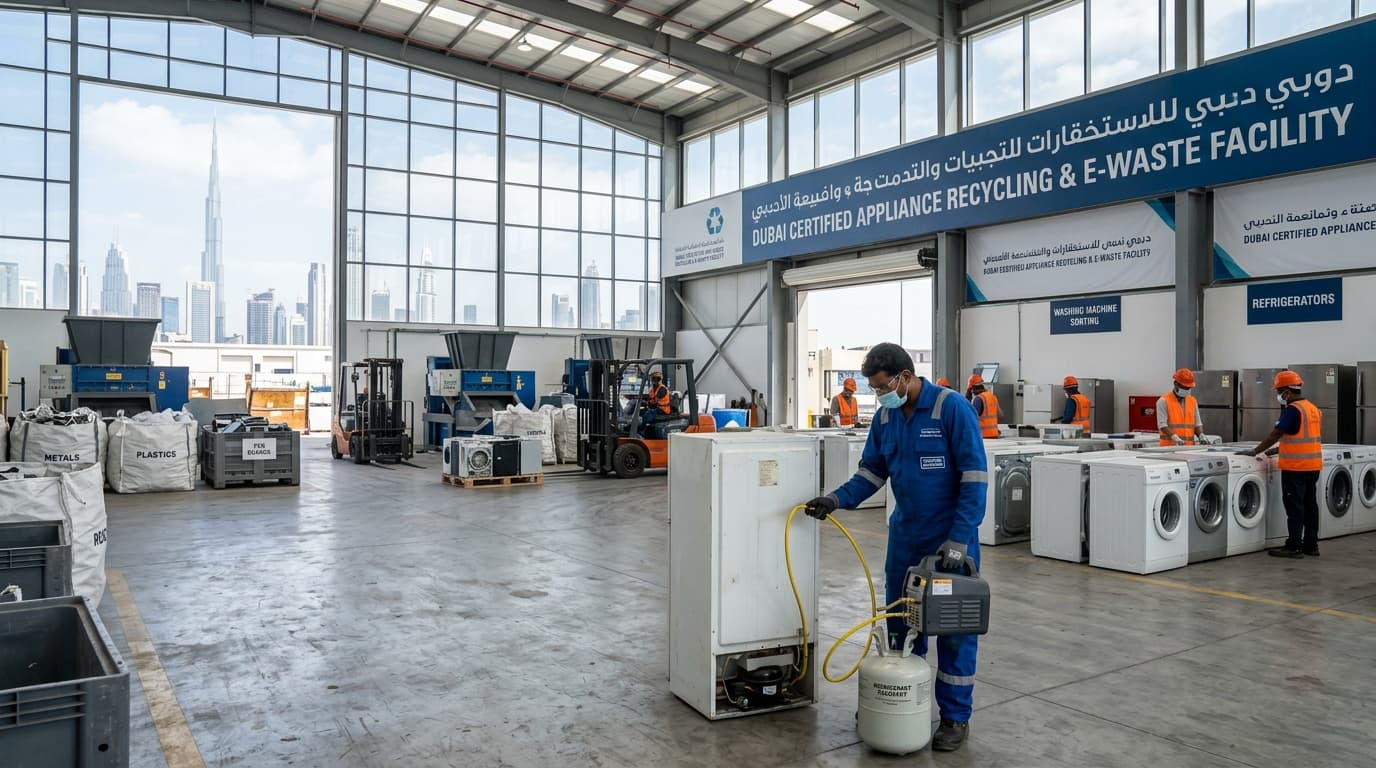 Technician working in an appliance recycling facility with sorted washing machines, fridges and bags of recovered metal and plastic