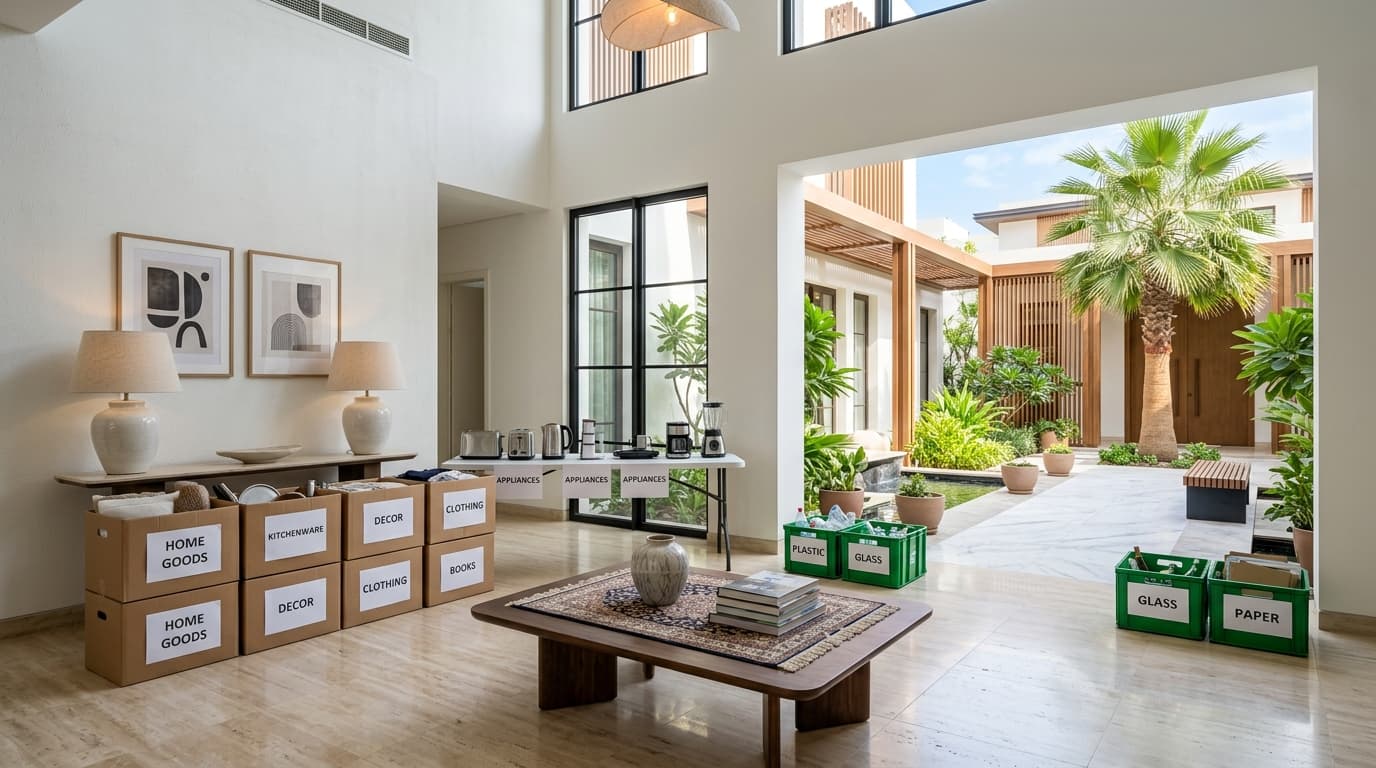 What to Do with Unwanted Household Items in Dubai: Donate, Sell, Recycle, or Haul Neatly staged household items, appliances, and donation cartons in a bright modern Dubai villa foyer