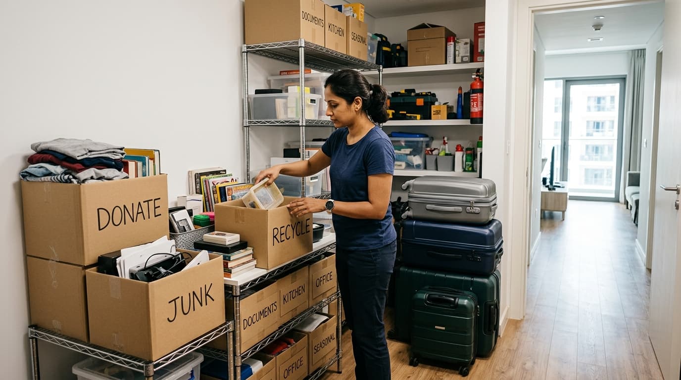 How to Dispose of an Artificial Christmas Tree in Dubai: Pre-Lit Wiring, Stands and Decorations Resident sorting storeroom items into donate, recycle and junk boxes beside shelves of labelled seasonal boxes