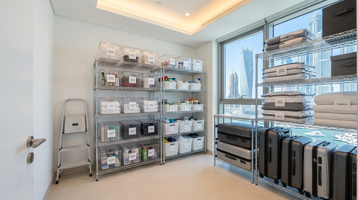 Storeroom Clearance Dubai: How to Declutter Utility & Maid's Rooms Bright, immaculate, well-organized residential storage room in a contemporary Dubai high-rise apartment