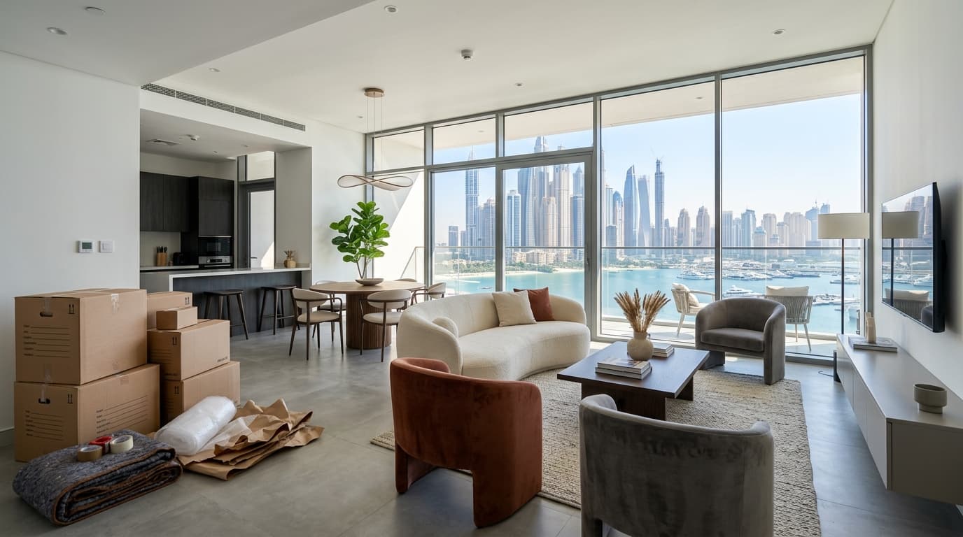 Junk Removal After Moving in Dubai: Fast Disposal for Boxes, Packaging & Leftover Clutter Living room of a newly moved-in modern Dubai apartment with unpacked clean furniture and neatly flattened cardboard moving boxes stacked ready for removal