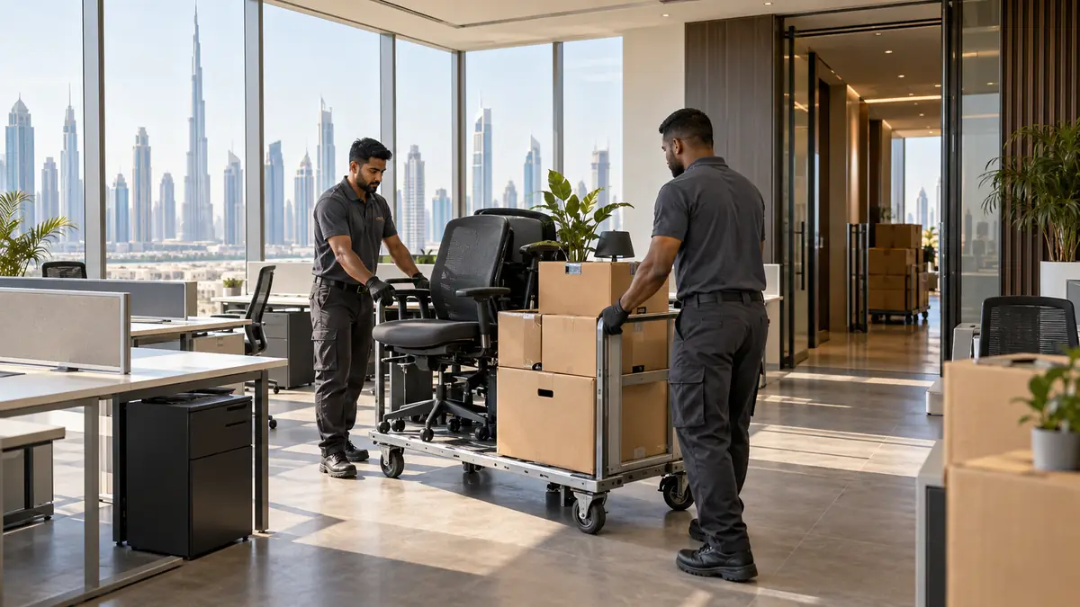 Office Relocation Junk Removal Dubai: A No-Downtime Clearance Plan Clearance crew moving office chairs and packed crates through a modern Dubai high-rise office