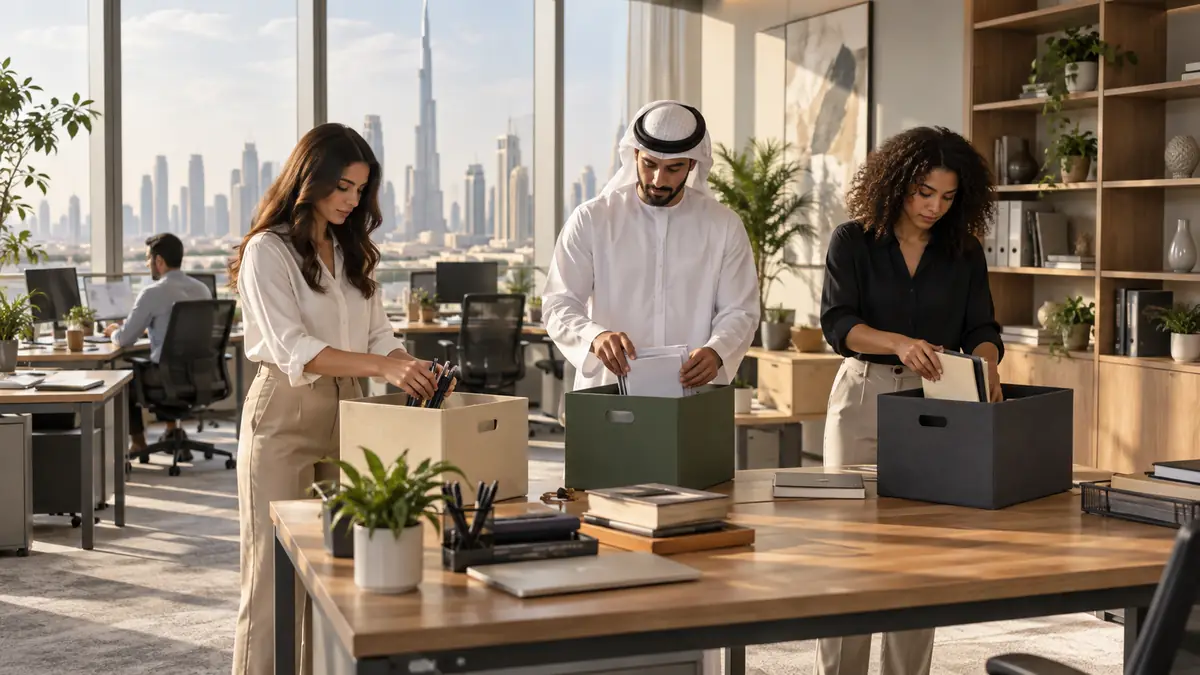 Decluttering the Workplace for Productivity: A Practical Dubai Office Reset Dubai office team sorting files and stationery into containers during a workplace decluttering session