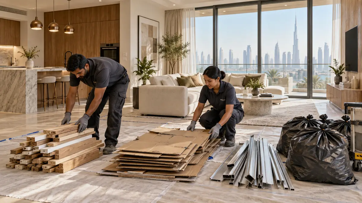 Renovation Cleanup Checklist Dubai: From Contractor Exit to Move-In Crew sorting timber, cardboard, metal trim, and bagged debris after a Dubai apartment renovation