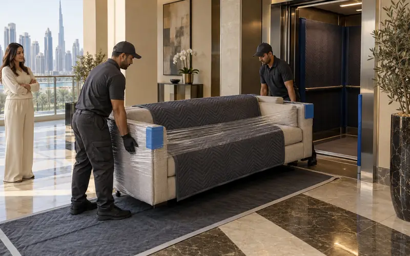 Professional crew wrapping and measuring a sofa beside a protected service lift in a Dubai apartment building