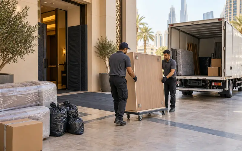 Two-person junk removal crew rolling a dismantled cabinet toward a box truck at a Dubai loading bay