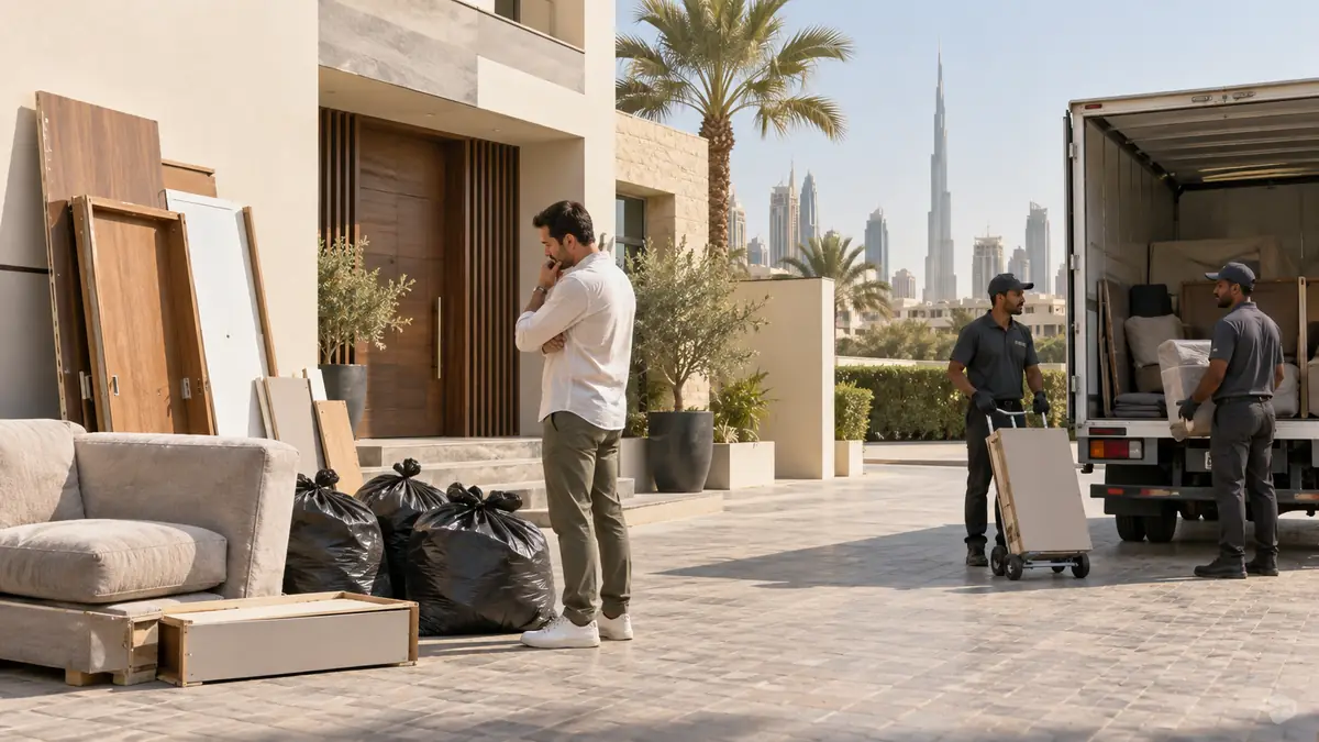 DIY Junk Removal vs Hiring a Crew in Dubai: A Practical Cost Test Dubai homeowner comparing a bulky DIY load with a professional removal crew and truck