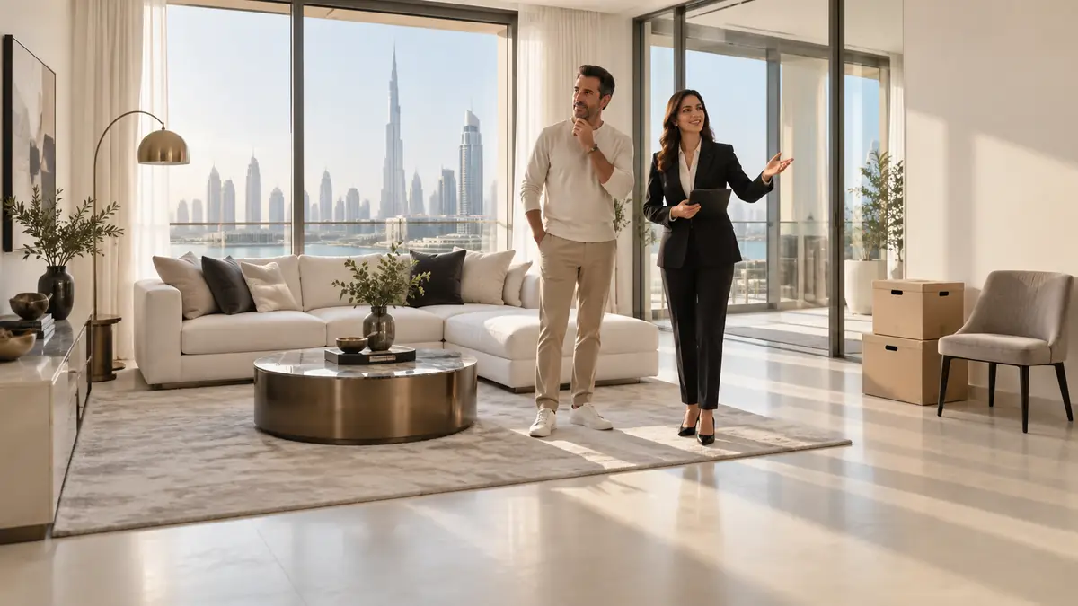 Decluttering Before Selling Your Home in Dubai: A Two-Pass Plan Dubai homeowner and property agent reviewing a bright decluttered apartment before sale