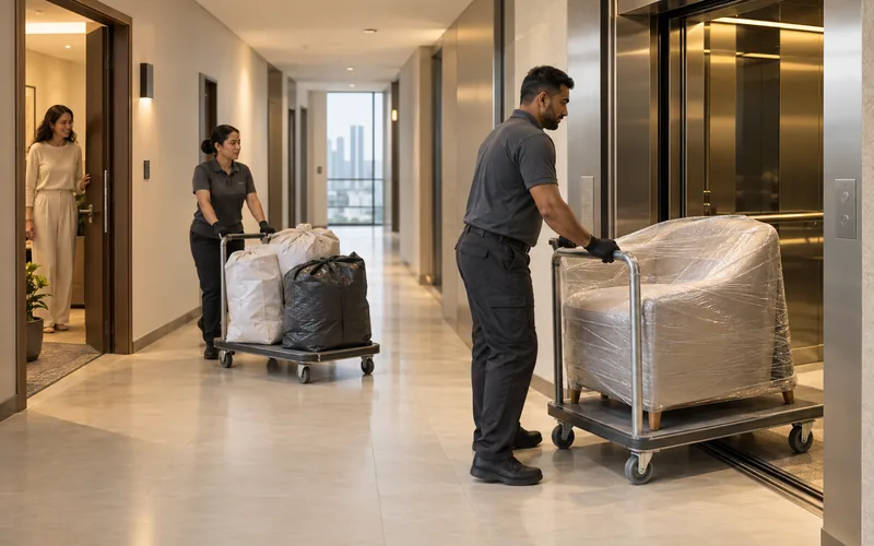 Junk removal crew moving a wrapped chair and sealed bags through a protected Dubai apartment service corridor