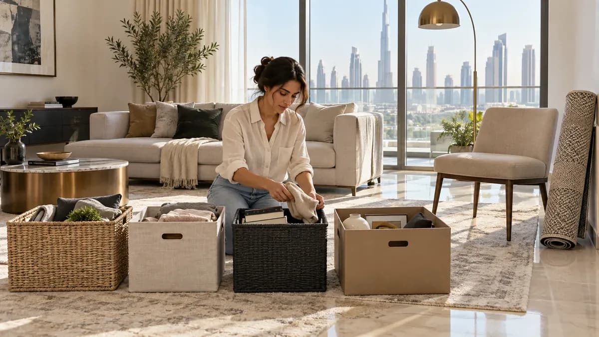 Spring Cleaning Junk Removal Dubai: A One-Weekend Reset Dubai apartment resident sorting spring-cleaning items into four organised exit zones