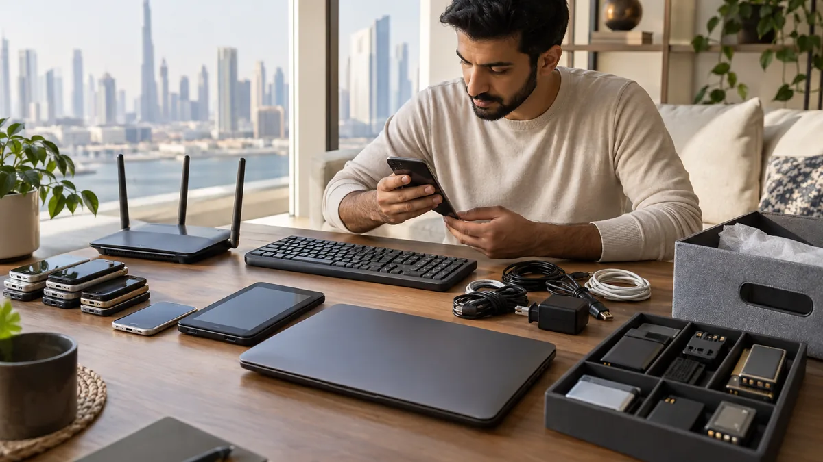 Where to Recycle Electronics in Dubai: Devices, Batteries & Drop-Offs Dubai resident sorting phones, a laptop, router, cables, and batteries for electronics recycling