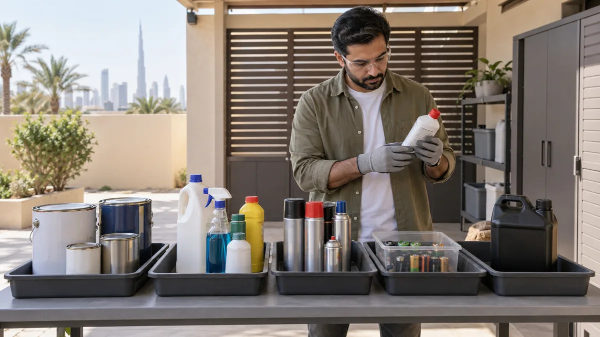 Hazardous Waste Disposal Dubai: A Safe Household Guide Dubai resident keeping paint, cleaners, aerosols, batteries, and oil in separate labelled trays