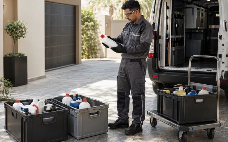 Trained specialist collecting sealed household chemical containers with a trolley beside an unbranded Dubai service vehicle