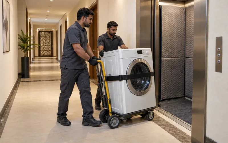 Two-person crew moving an upright washing machine on a secured appliance dolly toward a padded Dubai service lift