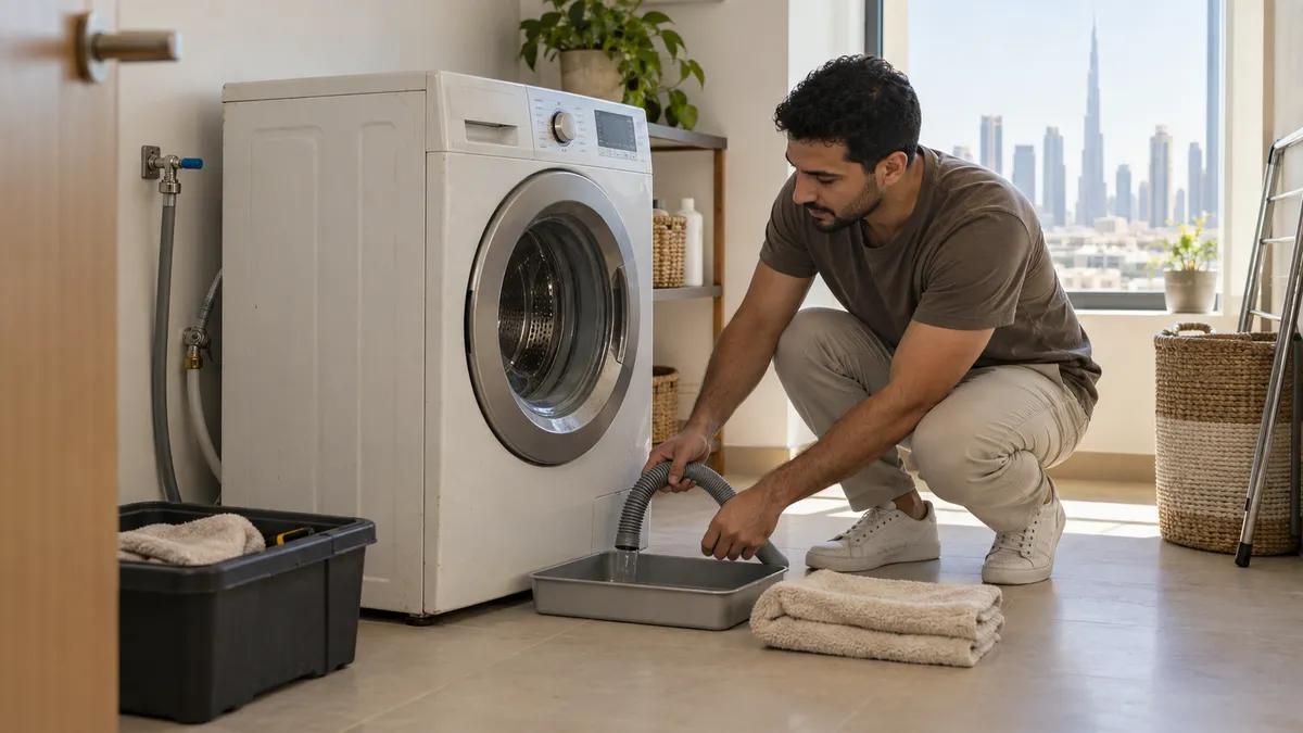 Where to Dispose of a Washing Machine in Dubai: 4 Safe Routes Dubai apartment resident draining an unplugged washing machine into a shallow tray before collection