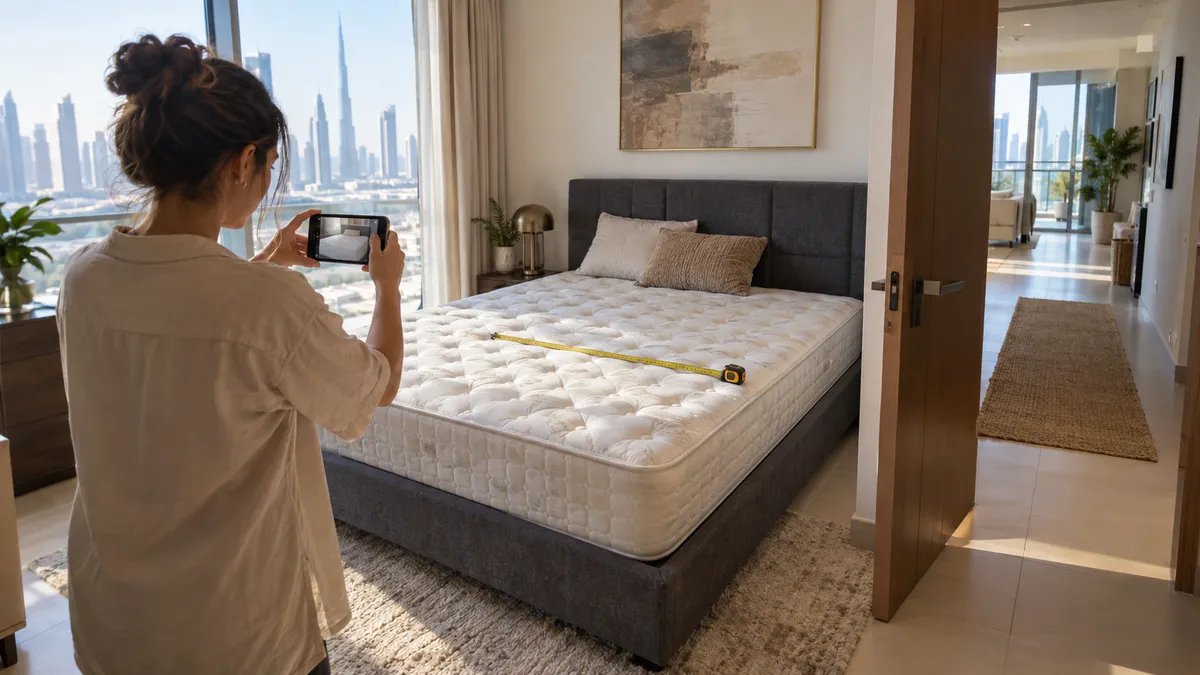 Mattress Disposal Cost Dubai: What Changes the Quote? Dubai resident photographing and measuring a queen mattress before requesting a disposal quote