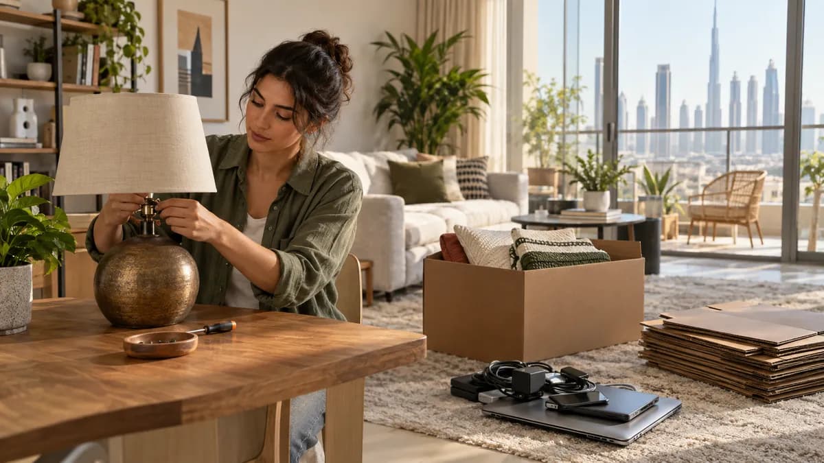 Sustainable Decluttering Tips Dubai: A Low-Waste Plan Dubai resident repairing a table lamp beside separated textiles, electronics, and flattened cardboard