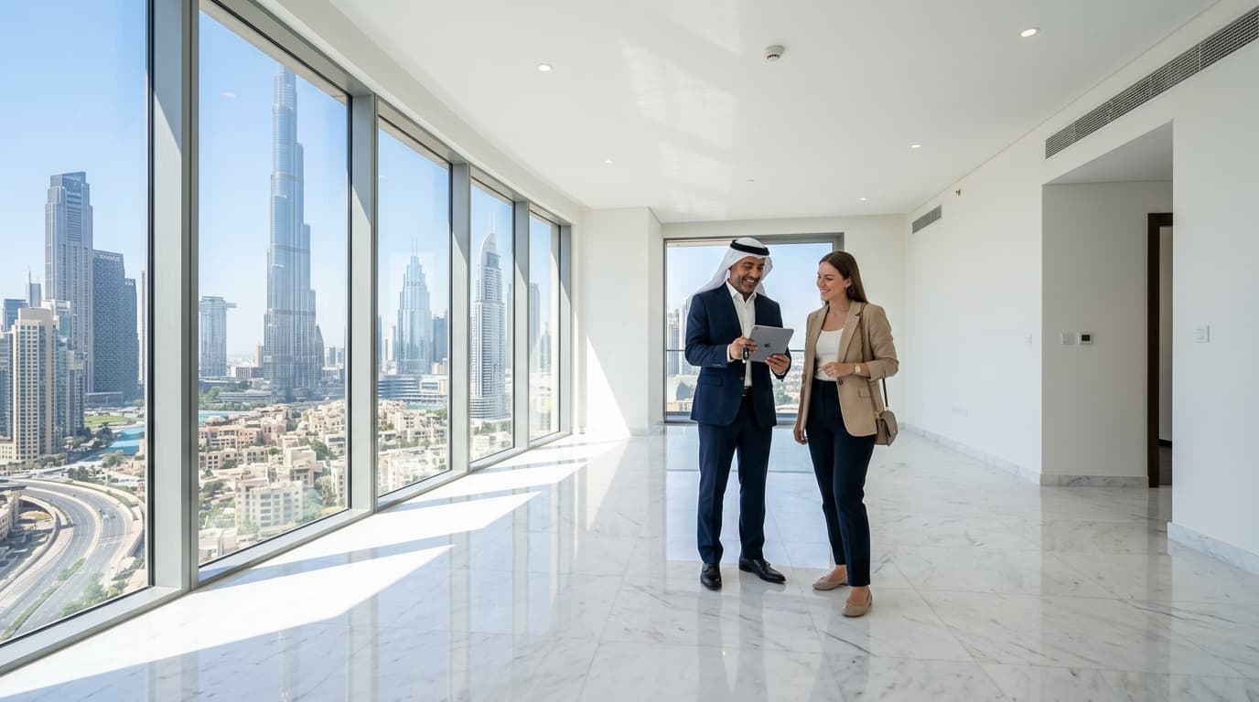 How to Get Your Security Deposit Back in Dubai: Move-Out Clearance & Snagging Guide Dubai tenant and landlord conducting a final move-out handover inspection in a spotless, completely empty luxury high-rise apartment