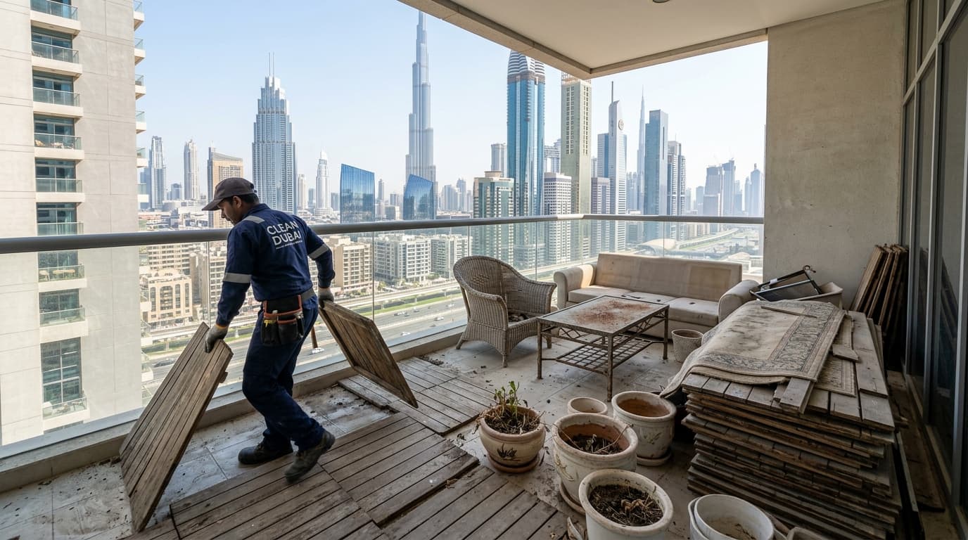 A spacious balcony of a Dubai rental apartment overlooking high-rise towers being cleared of sun-bleached outdoor furniture, abandoned ceramic flower pots, and wooden decking panels by a clearance worker