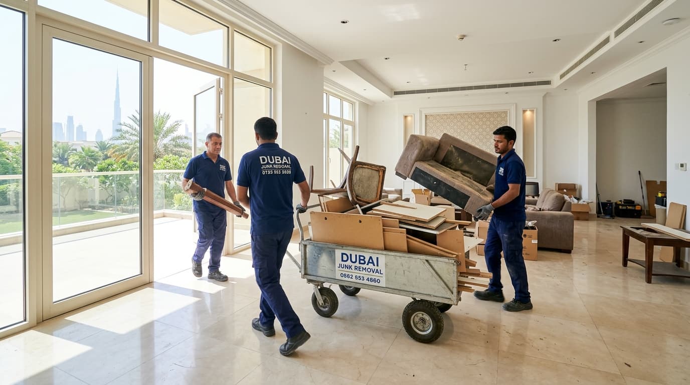 Clearing a Rental Property in Dubai: Complete End-of-Tenancy Cleanout Guide A professional junk removal team in tidy blue uniforms clearing old left-behind furniture from a spacious modern Dubai villa living room
