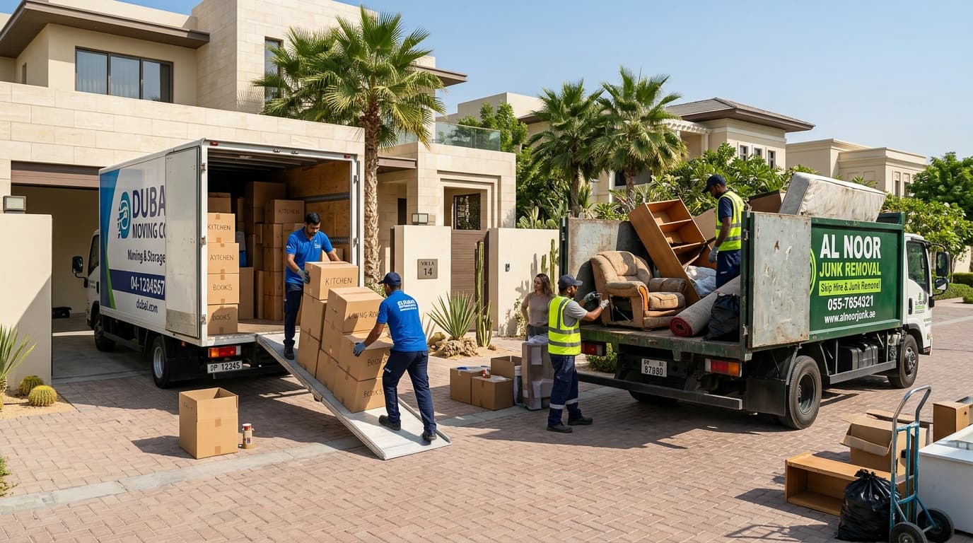 Moving House Junk Removal in Dubai: What Movers Won't Take & How to Clear It A residential relocation scene in a sunny Dubai villa driveway with a moving van and a junk removal truck parked