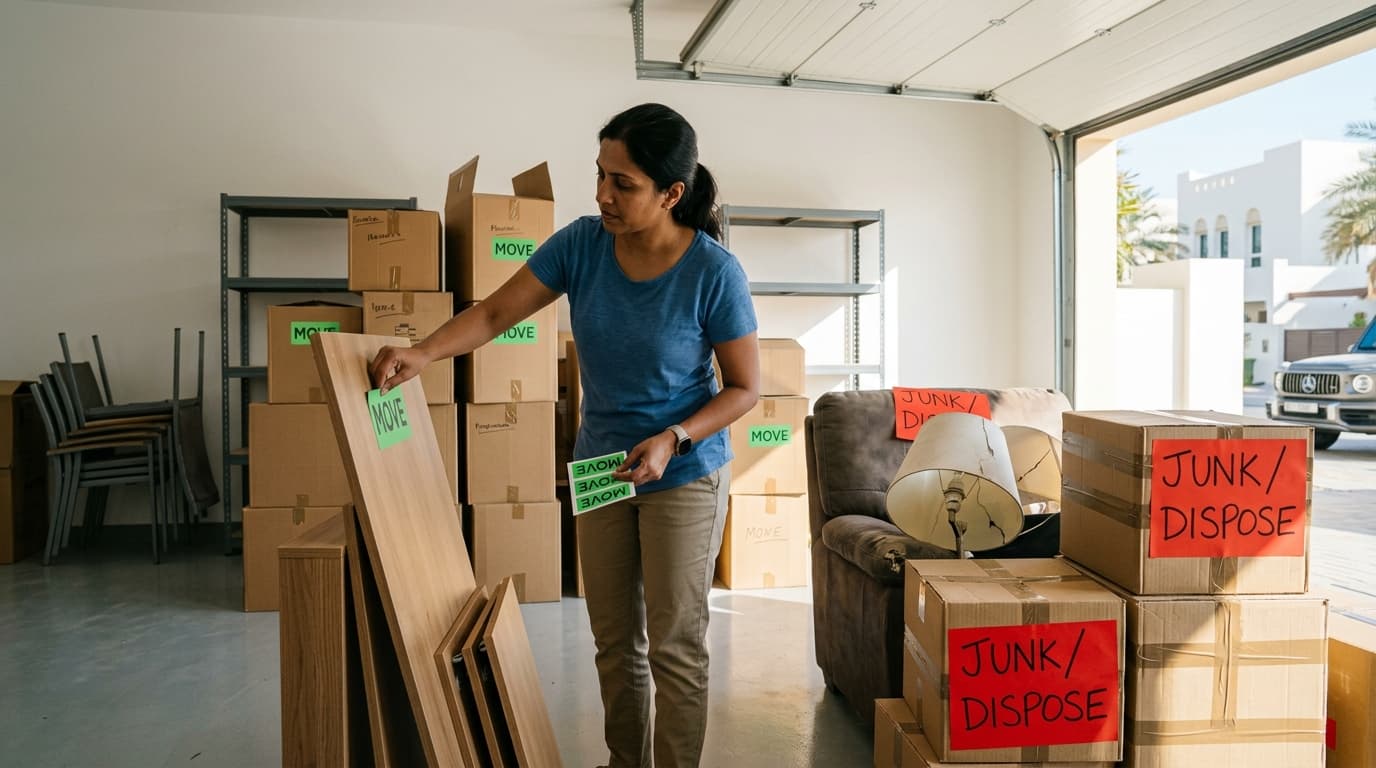 A homeowner inside a Dubai villa garage attaching bright red JUNK / DISPOSE stickers and green MOVE labels to assorted furniture, flatpack desks, and stacked boxes before moving day