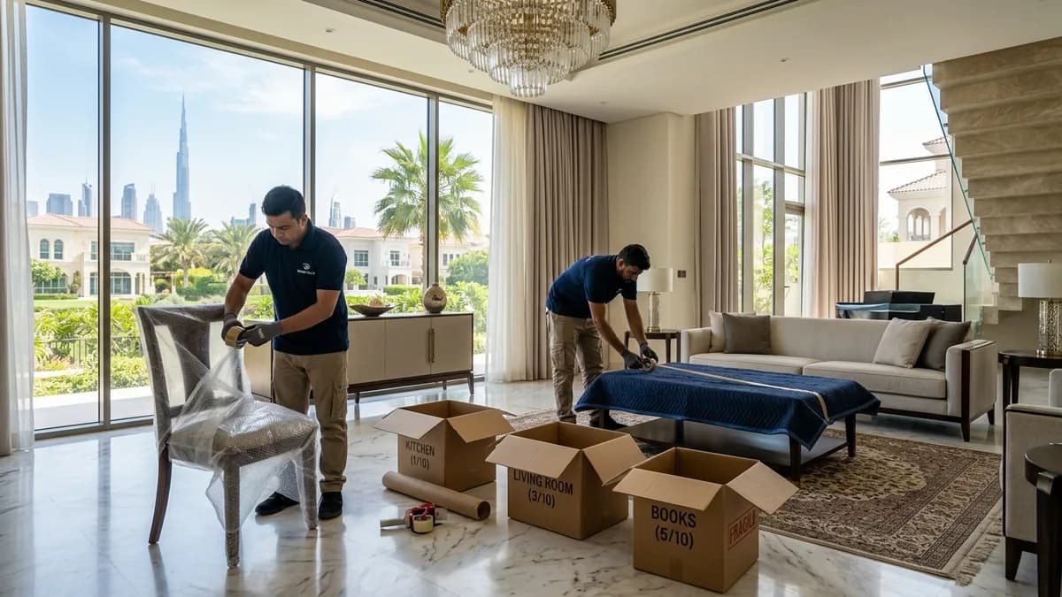 Moving Abroad from Dubai: Furniture Disposal, Shipping Math & Handover Deadlines Professional removal crew in a bright Dubai villa living room packing moving boxes and wrapping wooden furniture with protective blankets, city skyline through windows