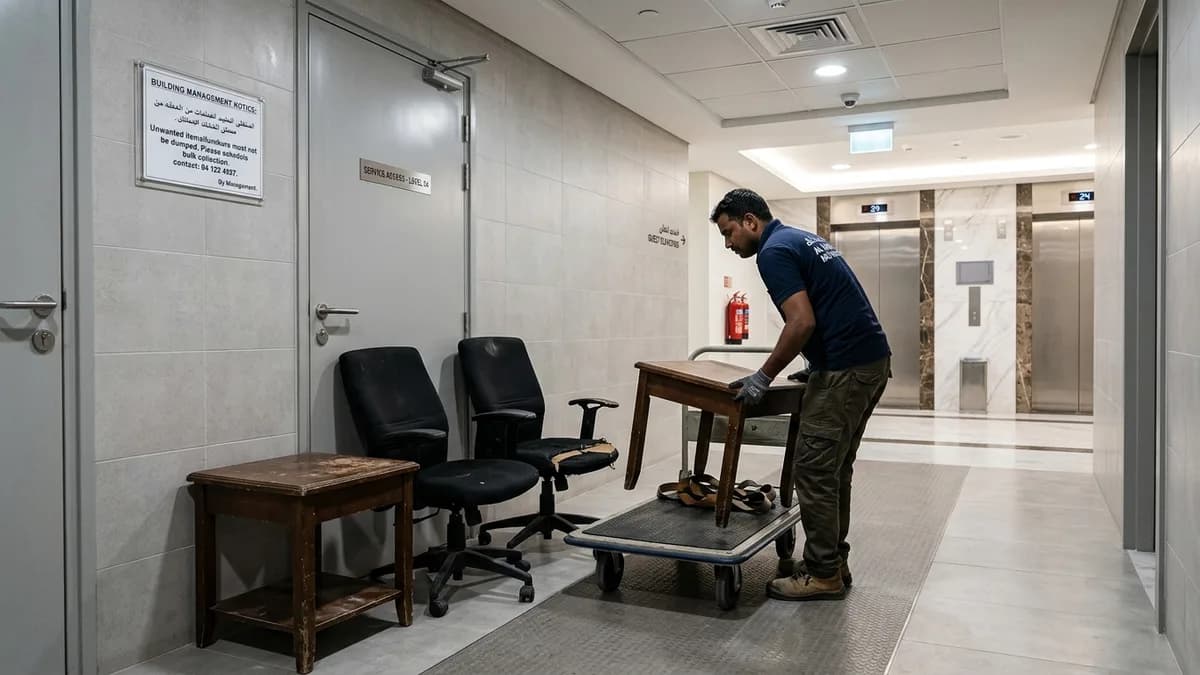 Can You Throw Away Furniture in Dubai? Chute Rooms, Fines & Legal Bulky Routes Modern Dubai apartment service corridor with building management notice, elevator lobby, and a technician loading discarded chairs onto a flatbed trolley