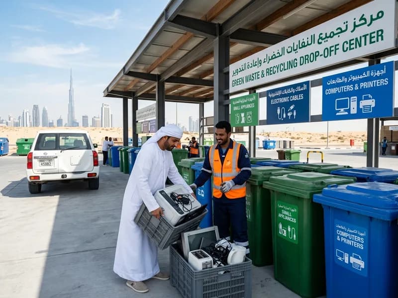 How to Dispose of an Old Printer in Dubai: Stored Data, Toner and E-Waste Routes Resident carrying an old printer and a crate of small electronics to a computers and printers bay at a Dubai recycling drop-off centre