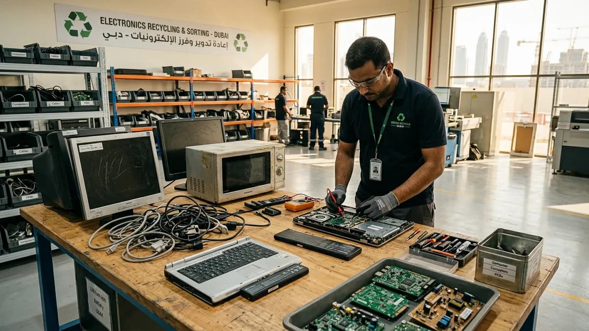 Is It Illegal to Throw Electronics in the Bin in Dubai? Laws, Risks & Safe Drop-Offs Modern electronics recycling workshop in Dubai with sorting benches, computer hardware, testing meters, and technician inspecting electronic boards