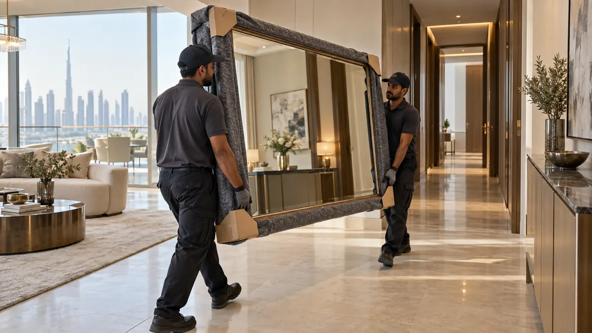 How to Dispose of a Large Mirror or Glass Tabletop in Dubai Two clearance crew members carrying a blanket-wrapped oversized mirror through a bright Dubai apartment