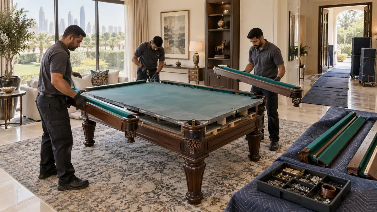 How to Dispose of a Pool Table in Dubai Without Damaging Slate or Floors Specialist crew dismantling a slate pool table in a bright Dubai villa games room