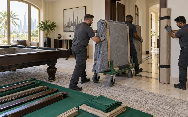Movers taking a blanket-wrapped pool-table slate section through a protected doorway in a Dubai villa