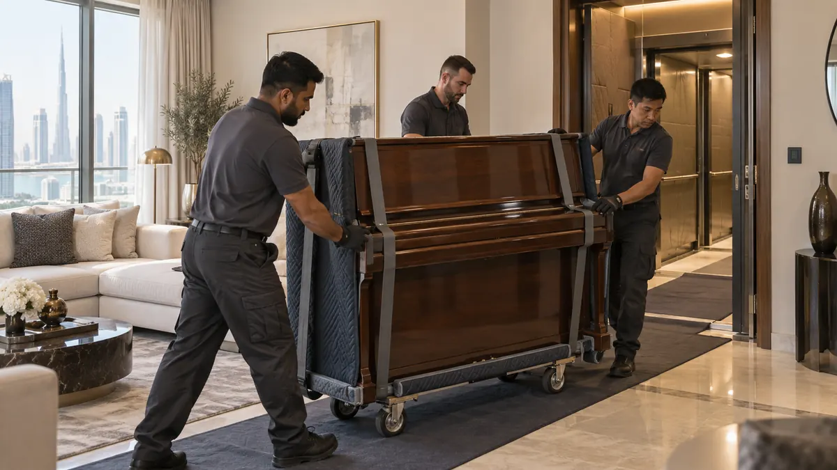 How to Dispose of an Old Piano in Dubai: Donation, Access and Safe Removal Three movers securing a polished upright piano on a padded dolly inside a Dubai apartment
