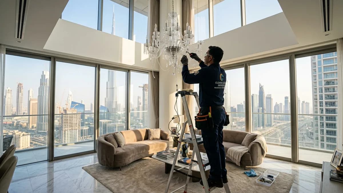 How to Dispose of Chandeliers & Ceiling Light Fixtures in Dubai: High Ceilings, Wiring and Handover Reinstatement Clearance technician on a safety stepladder dismantling a crystal chandelier in a high-ceiling Dubai apartment during tenancy handover