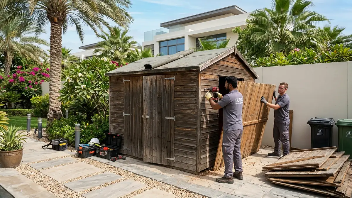 How to Dispose of an Old Garden Shed in Dubai: Sun-Damaged Timber, Metal Panels and Villa Clearances Clearance crew with power tools unbolting weathered wooden wall panels of an outdoor garden shed in a Dubai villa backyard