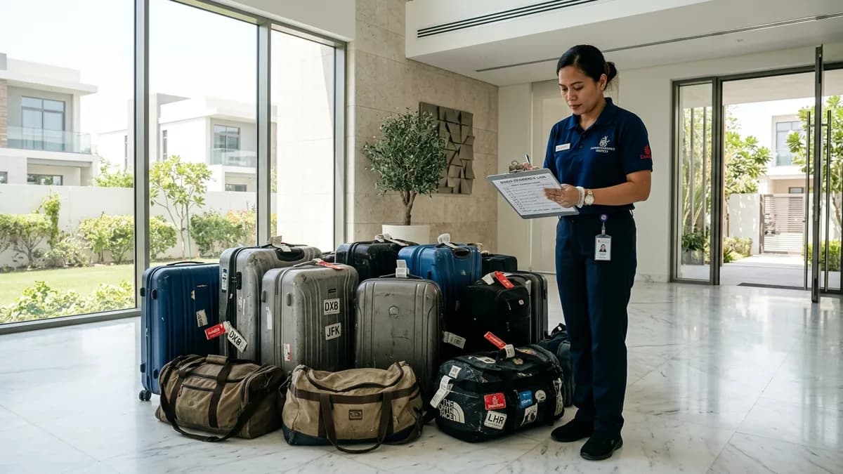 How to Dispose of Old Suitcases & Broken Luggage in Dubai: Hard-Shell Bags, Chute Bans and Material Recovery Stack of retired hard-shell luggage and travel bags in the marble hallway of a Dubai residence being reviewed by a clearance specialist