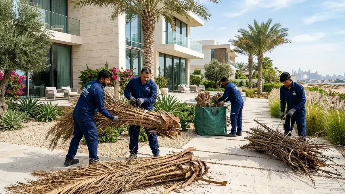 What to Do with Palm Fronds in Dubai: Villa Landscaping, Trimming Waste and Green Composting Routes Clearance crew bundling dry palm fronds and pruned date palm foliage in the landscaped garden of a Dubai villa