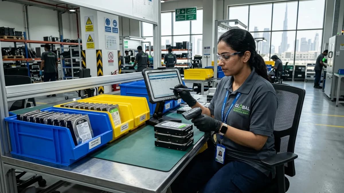 Data-Safe Electronics Disposal in Dubai: Hard Drive Shredding, Storage Sanitization and Secure IT Asset Disposition Certified e-waste technician logging hard drive serial numbers into a tracking tablet at a Dubai electronic recycling facility