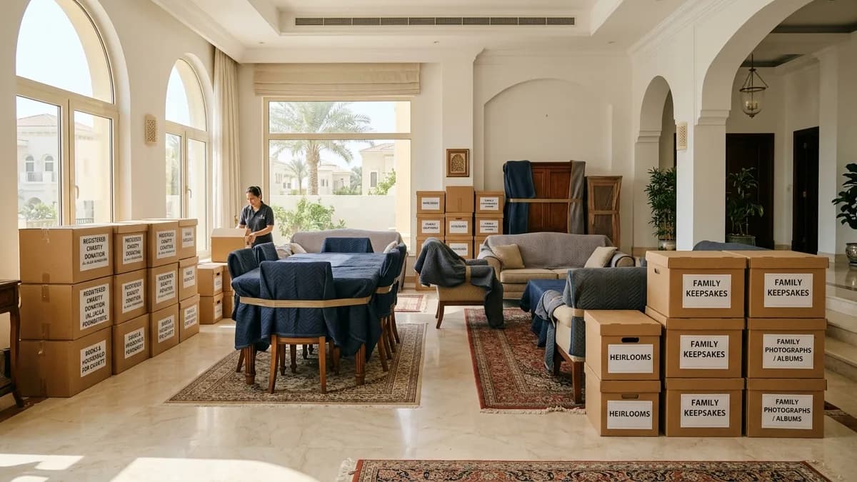 Estate Clearance & Sensitive Junk Removal in Dubai: Respectful Cleanouts After a Bereavement or Downsizing Organized residential villa living room in Dubai with labeled boxes for family heirlooms and registered charity donations during an estate clearance