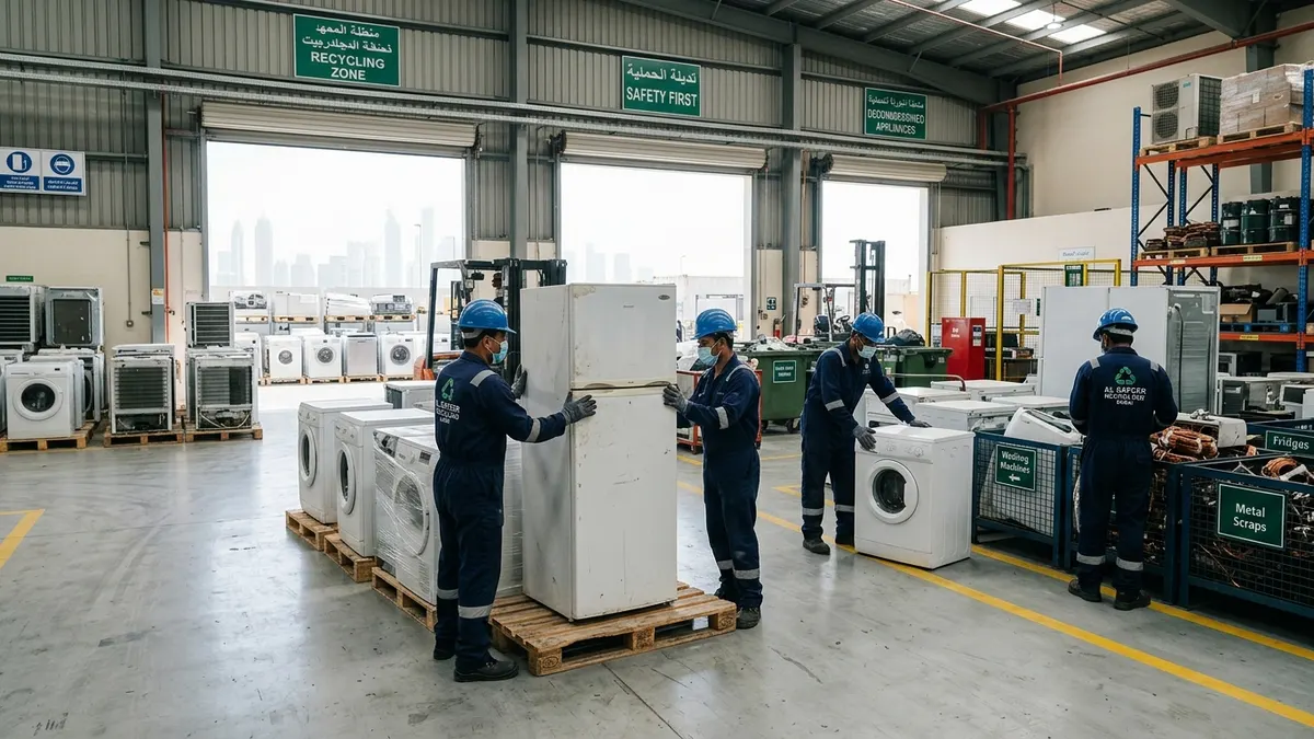 Responsible Appliance Disposal in Dubai: Degassing, E-Waste Standards & Recycling Pathways Professional junk removal technicians inspecting and sorting decommissioned domestic appliances in an organized recovery depot in Dubai