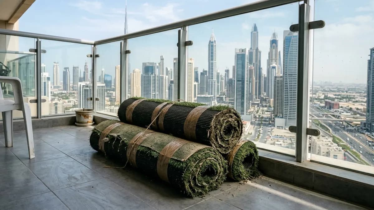 How to Dispose of Artificial Grass & Balcony Turf in Dubai: Sand Infill, Roll Slicing and Ejari Handover Approvals High-rise Dubai apartment balcony overlooking residential towers with rolled, bundled and taped artificial grass ready for bulky disposal