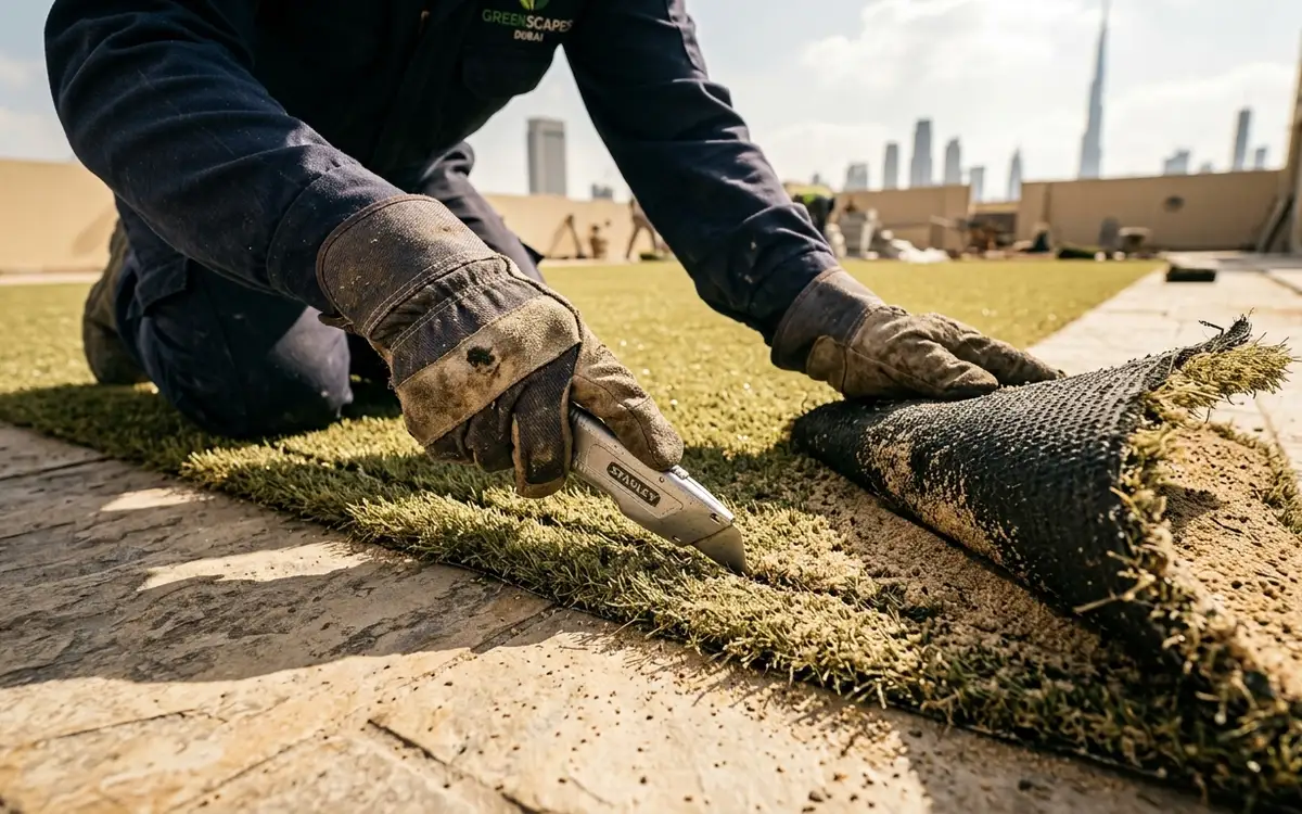 How to Dispose of an Inflatable Pool in Dubai: Draining, Folding and Sun-Damaged Vinyl Crew member cutting a large flexible sheet into manageable sections on a sunlit Dubai lawn