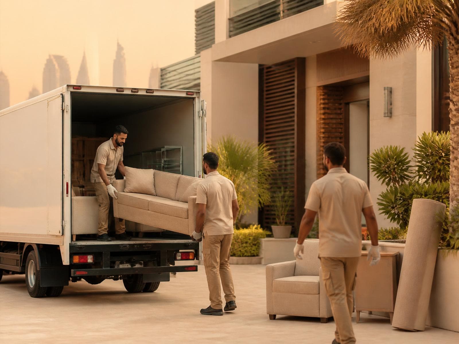 Junk removal in Dubai — Dubai Junk Collection crew at work Dubai Junk Collection crew carrying out furniture removal outside a Dubai villa at golden hour