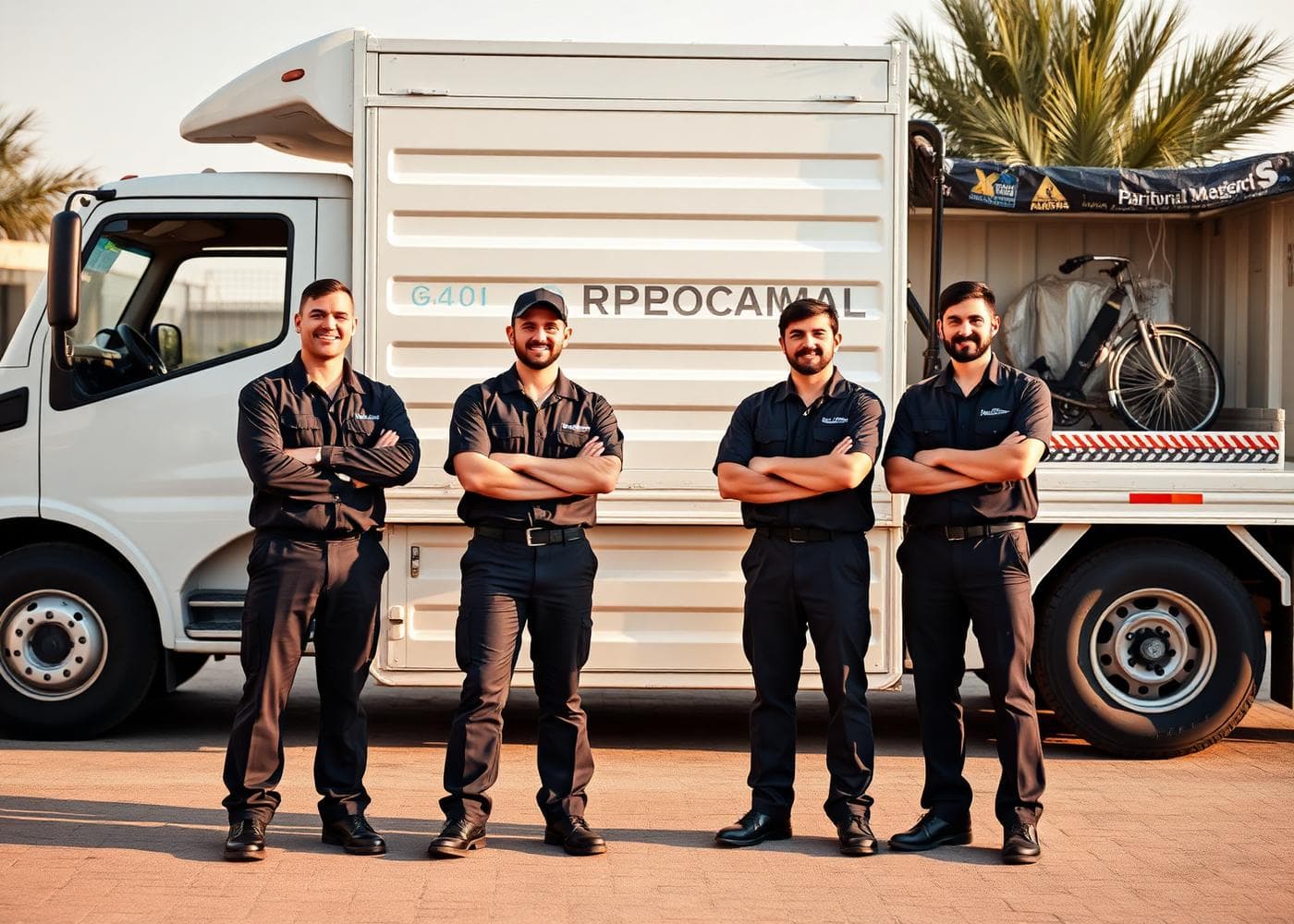 The Dubai Junk Collection crew in uniform beside their truck in Dubai